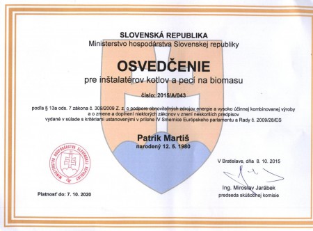 Osvedčenie pre inštalatérov kotlov a pecí na biomasu